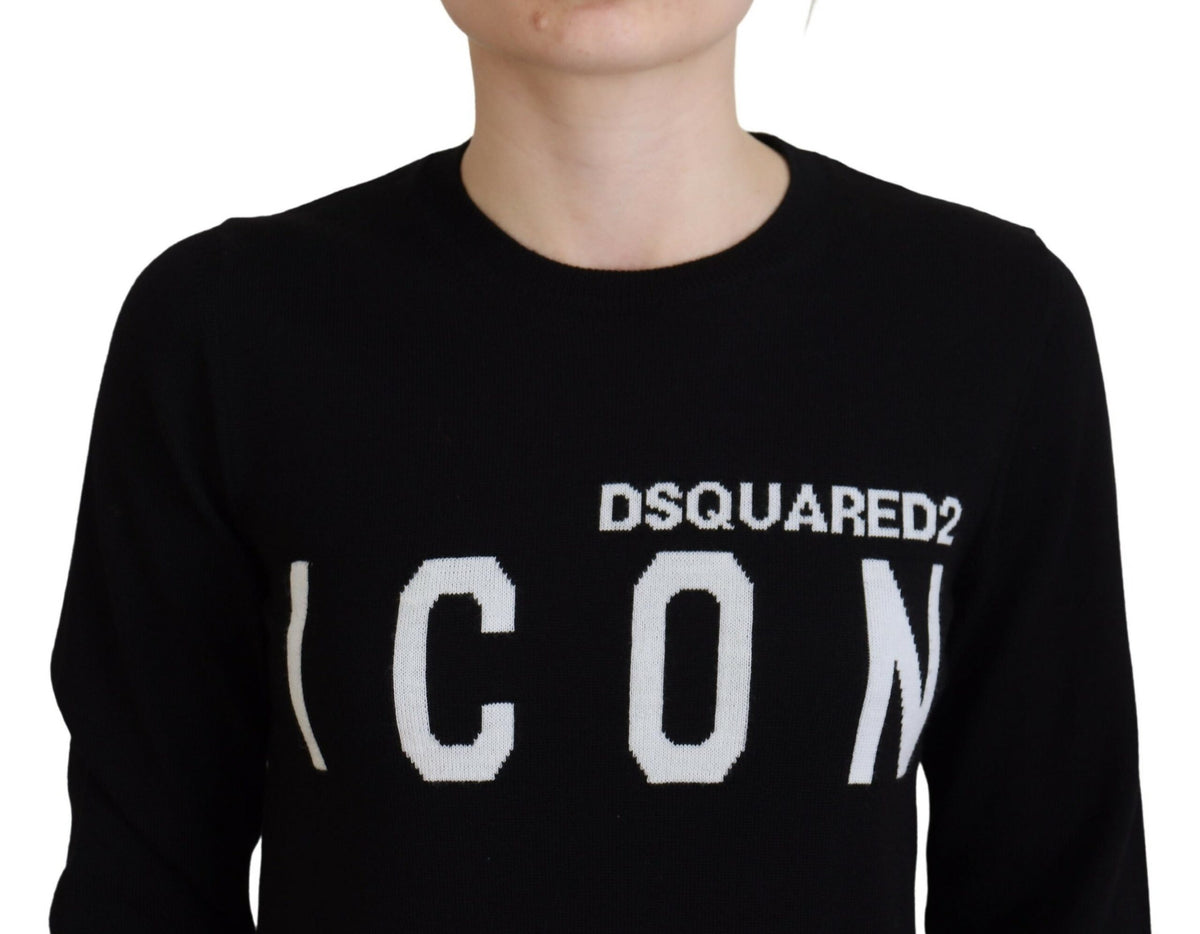 Pull à manches longues en laine vierge noire avec logo imprimé Dsquared²