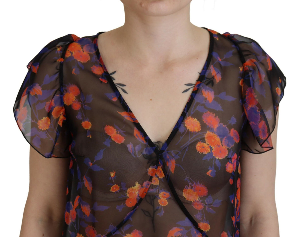 Blusa de cuello en V y mangas cortas con estampado floral en color negro de Dsquared²