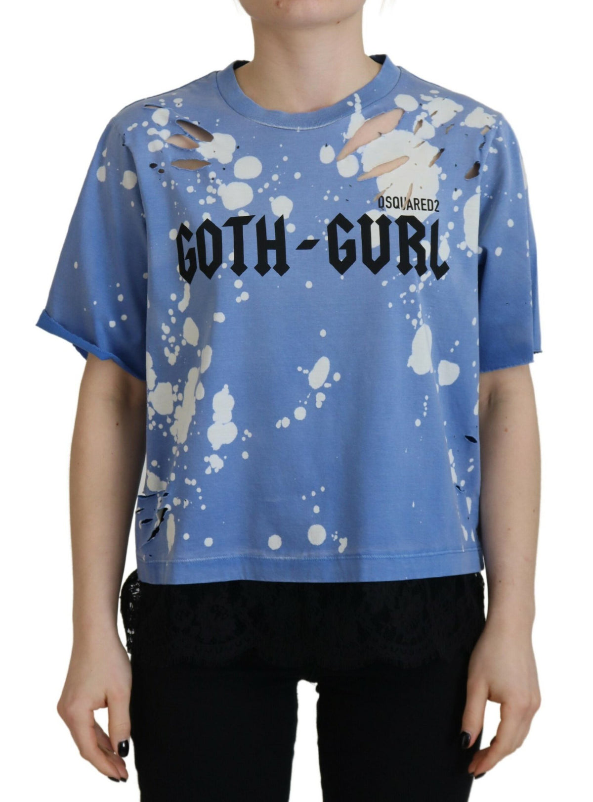 T-shirt en coton à dentelle noire et imprimé gothique bleu Dsquared²