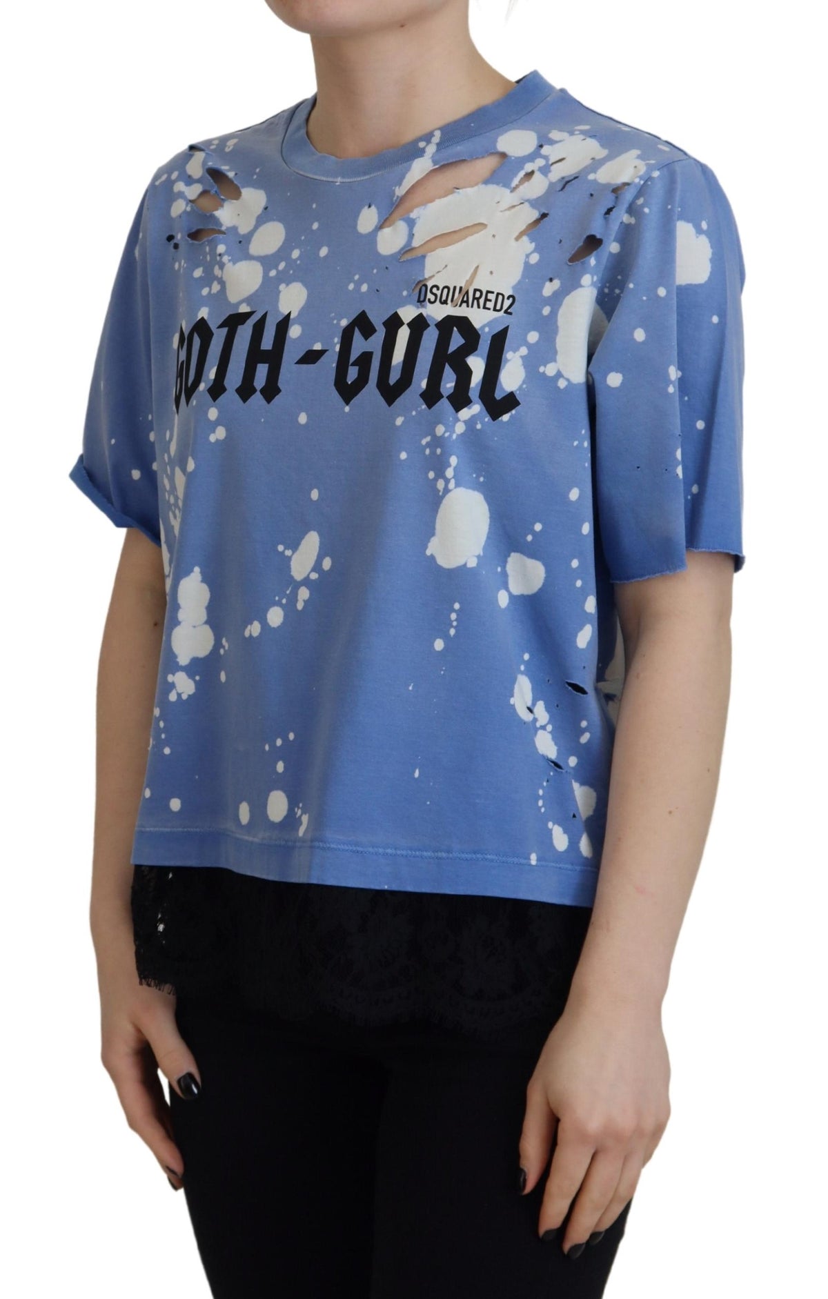 T-shirt en coton à dentelle noire et imprimé gothique bleu Dsquared²