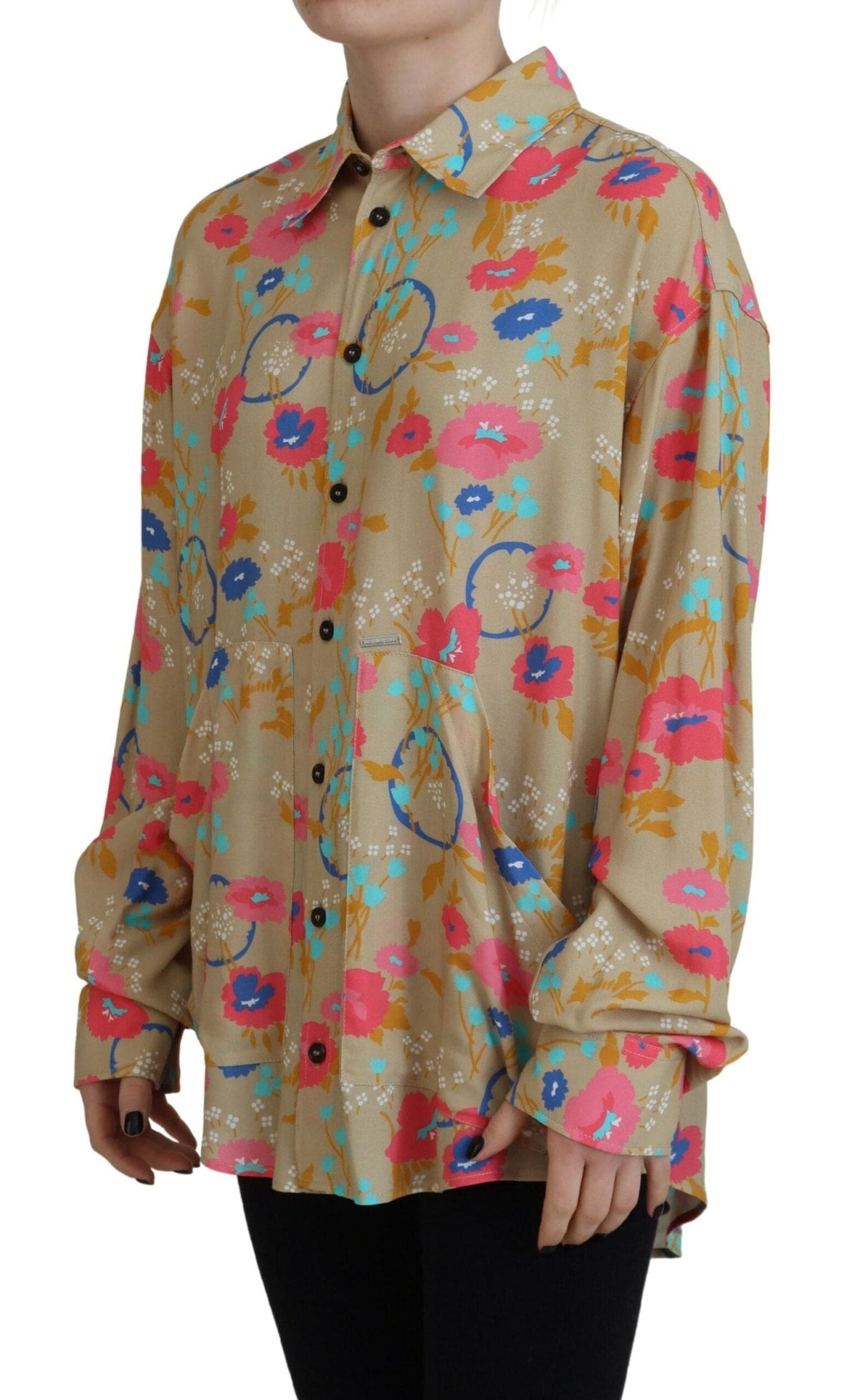 Camisa de manga larga con botones y cuello con estampado floral en beige de Dsquared²