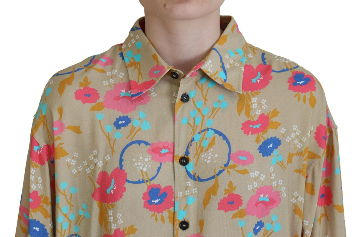 Camisa de manga larga con botones y cuello con estampado floral en beige de Dsquared²