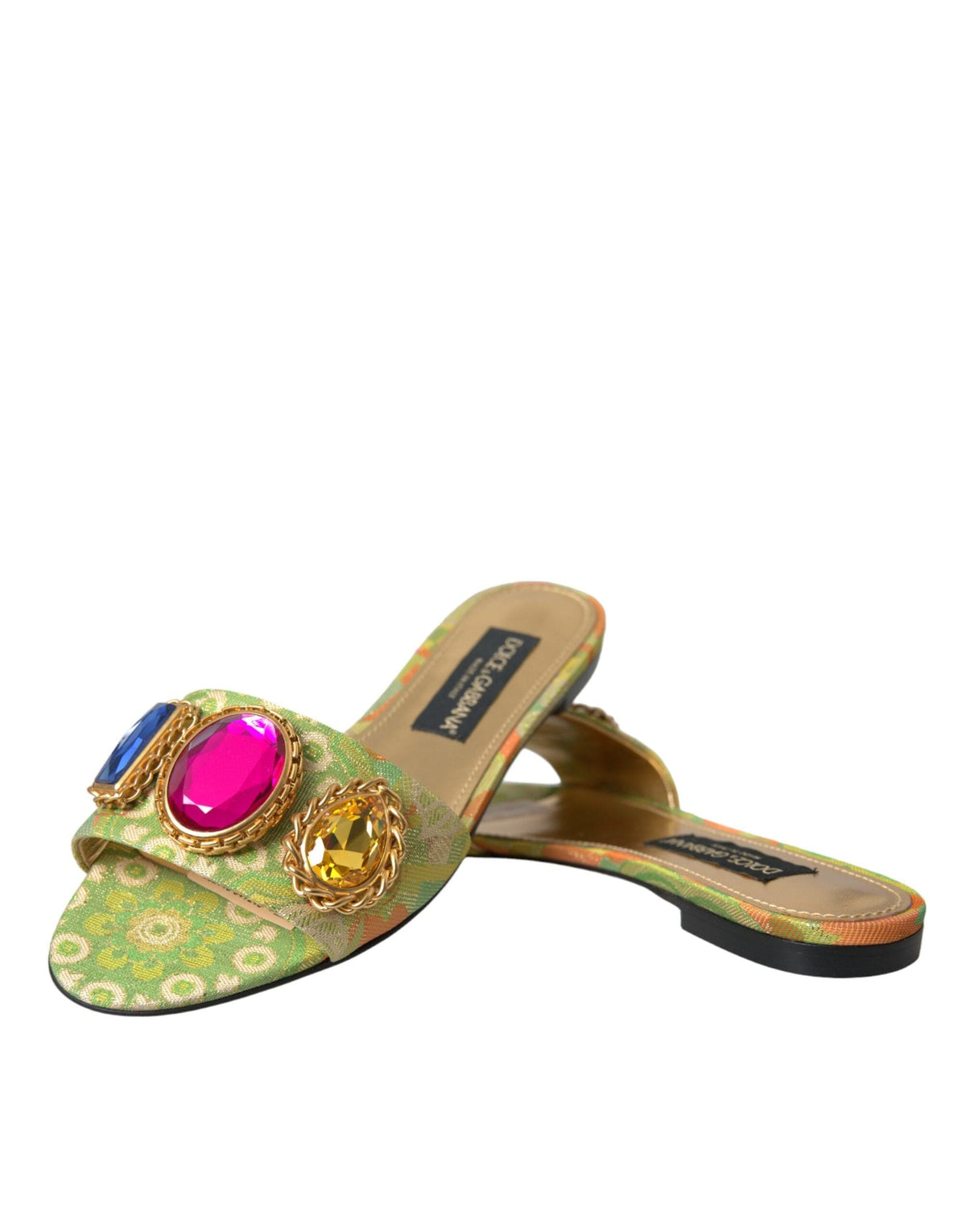 Sandalias planas con jacquard de cristales verdes de Dolce &amp; Gabbana