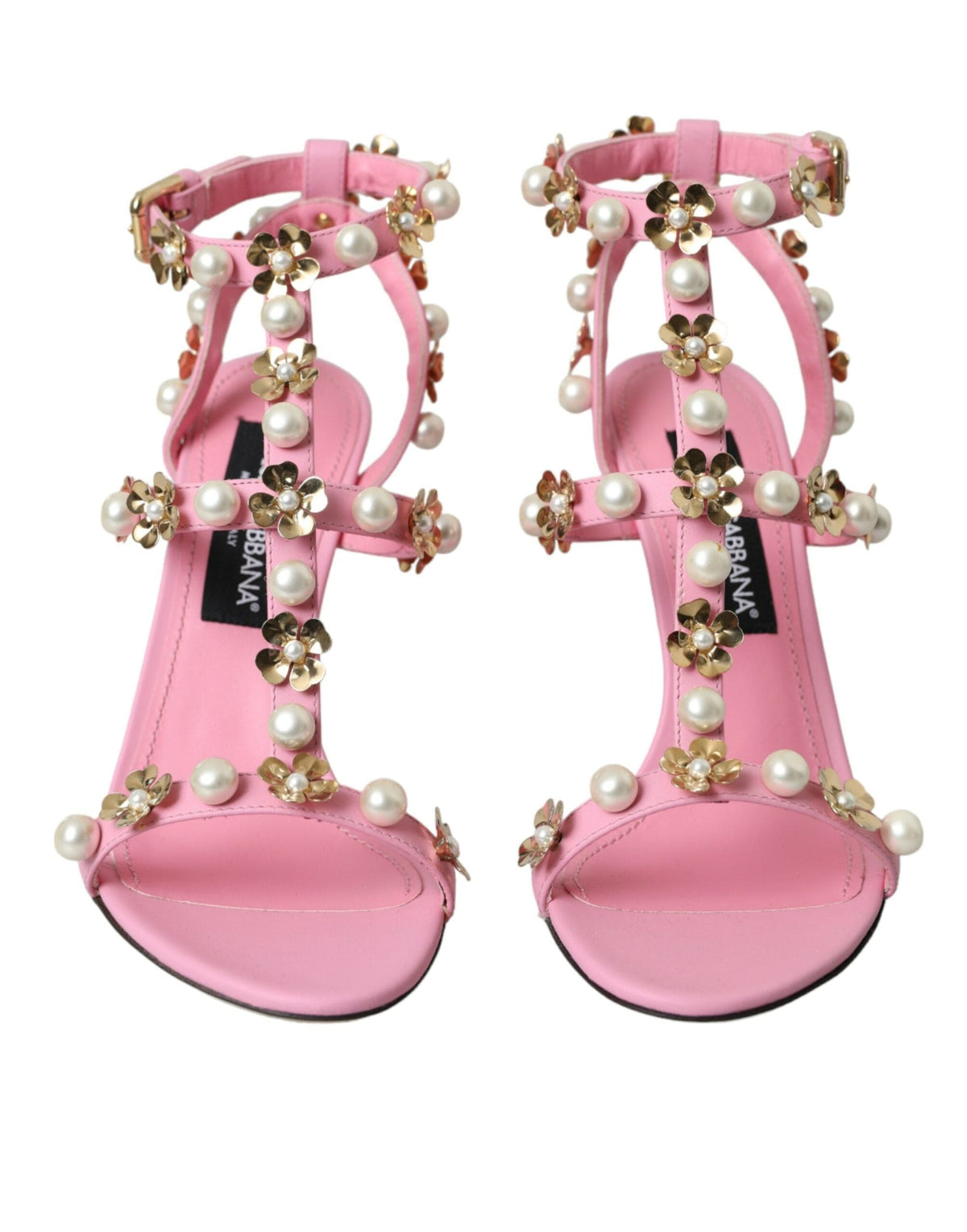 Sandalias de tacón con adornos de cuero rosa de Dolce &amp; Gabbana