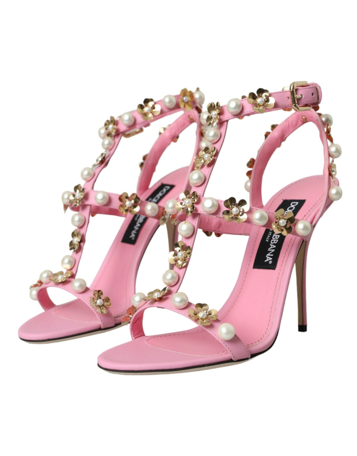 Sandalias de tacón con adornos de cuero rosa de Dolce &amp; Gabbana