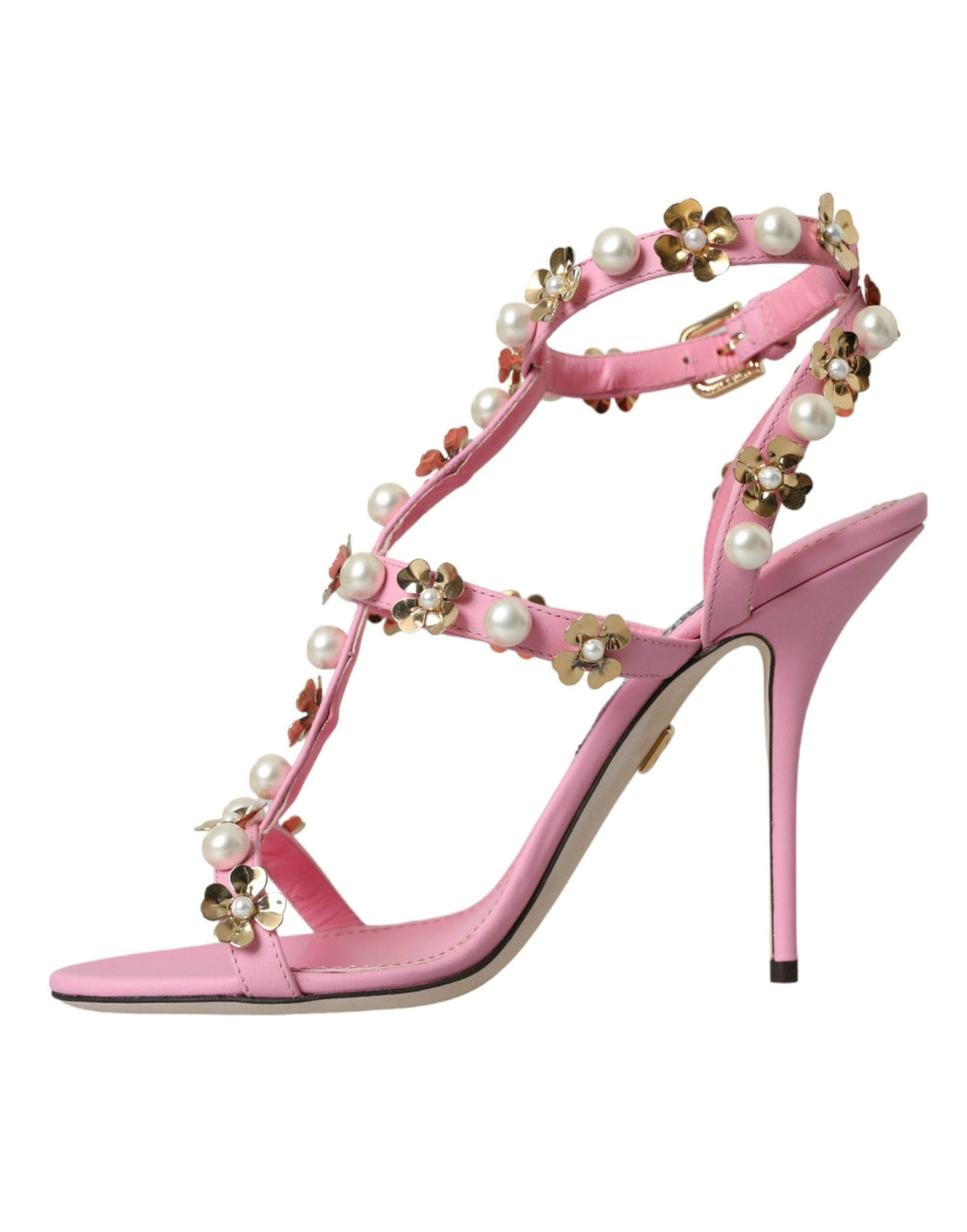 Sandalias de tacón con adornos de cuero rosa de Dolce &amp; Gabbana