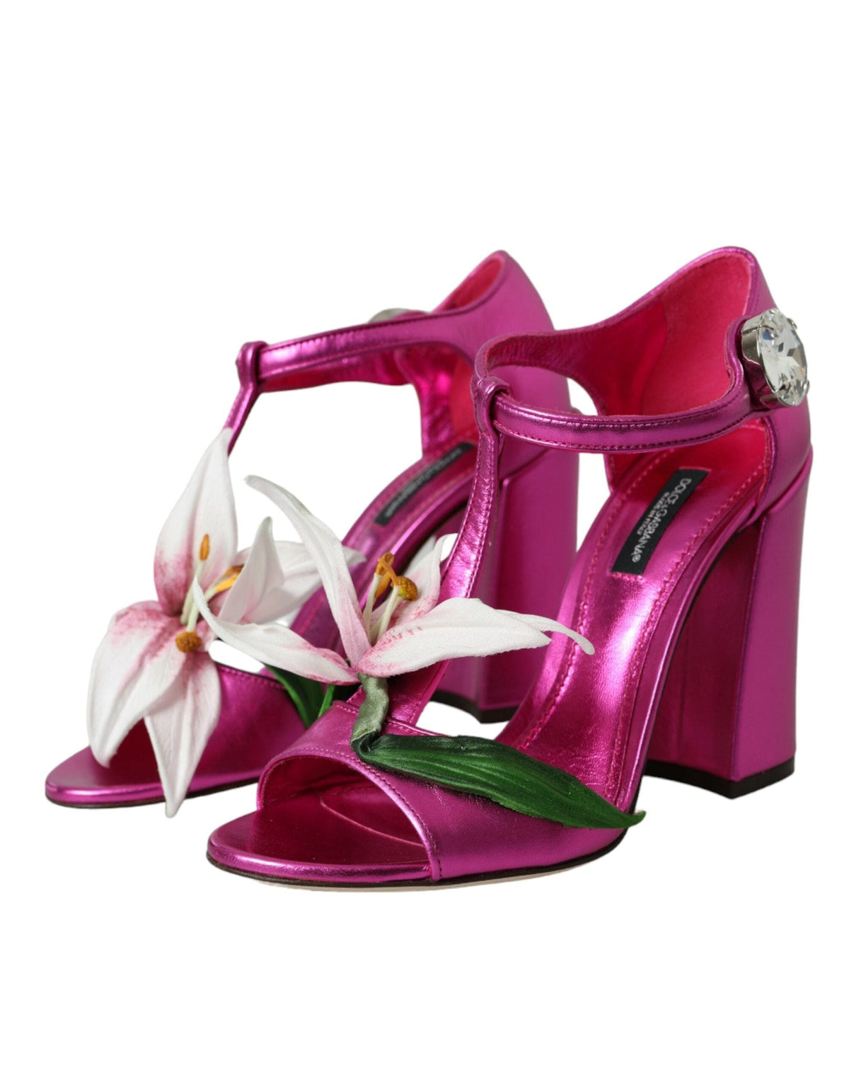 Sandalias de piel rosa con cristales y flores de Dolce &amp; Gabbana