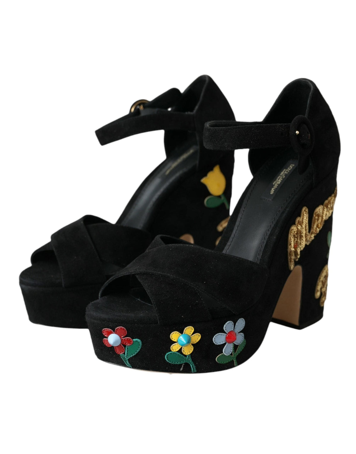 Sandalias de tacón con tiras en el tobillo y estampado floral en negro de Dolce &amp; Gabbana