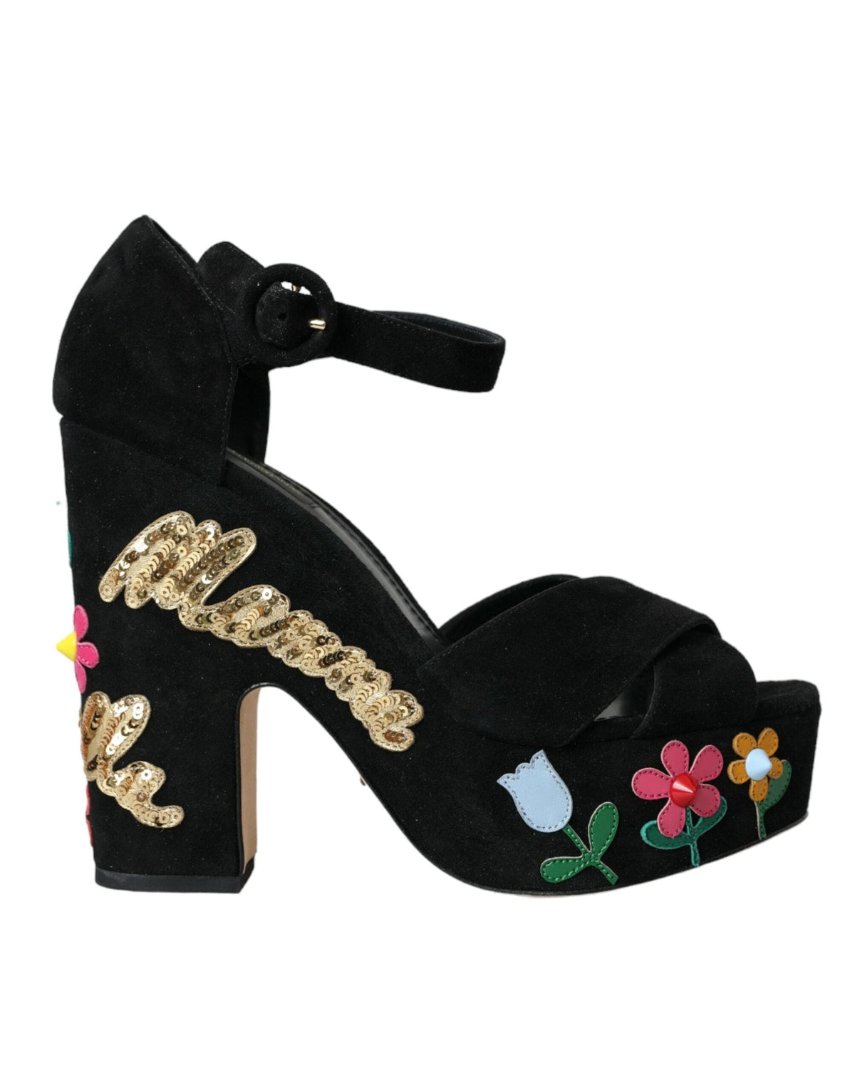 Sandalias de tacón con tiras en el tobillo y estampado floral en negro de Dolce &amp; Gabbana