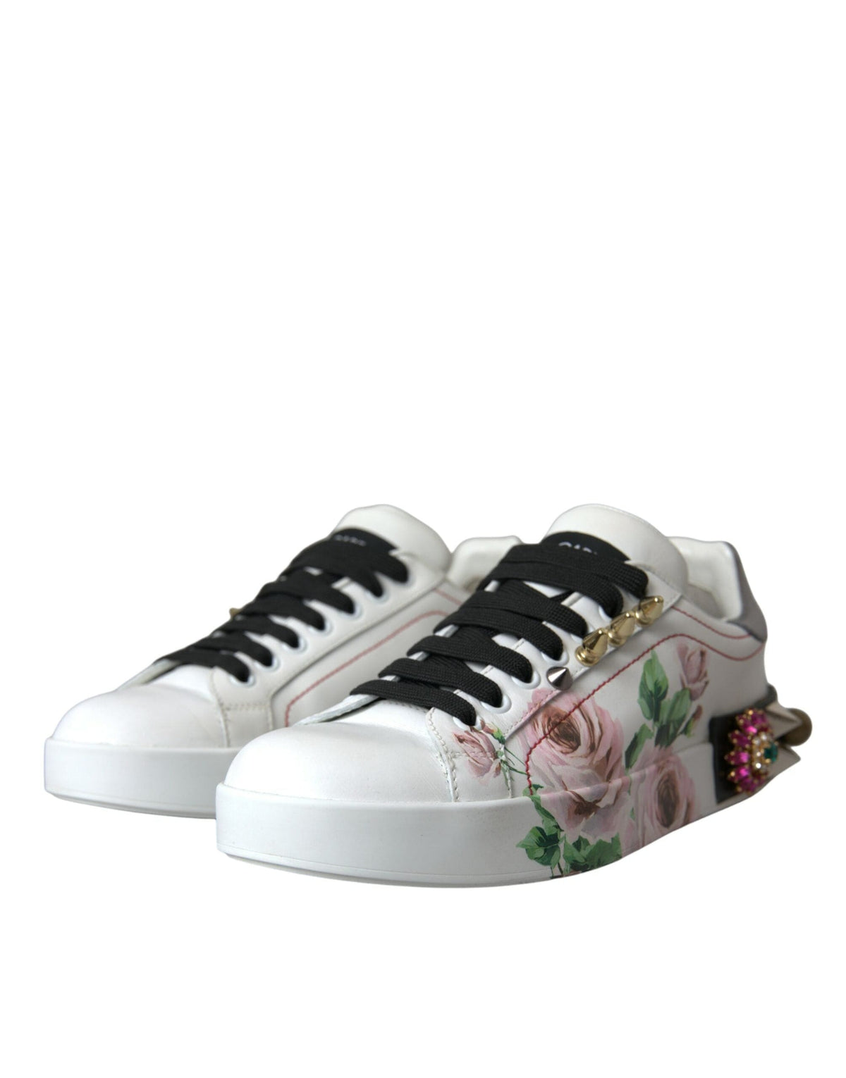 Baskets Dolce &amp; Gabbana en cuir blanc avec cristaux et fleurs roses