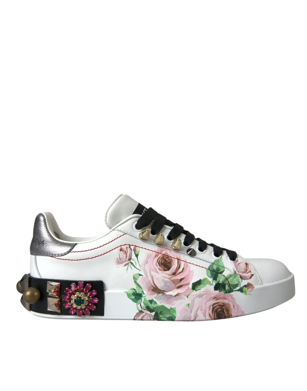 Zapatillas deportivas blancas de piel con rosas de cristal y flores de Dolce &amp; Gabbana