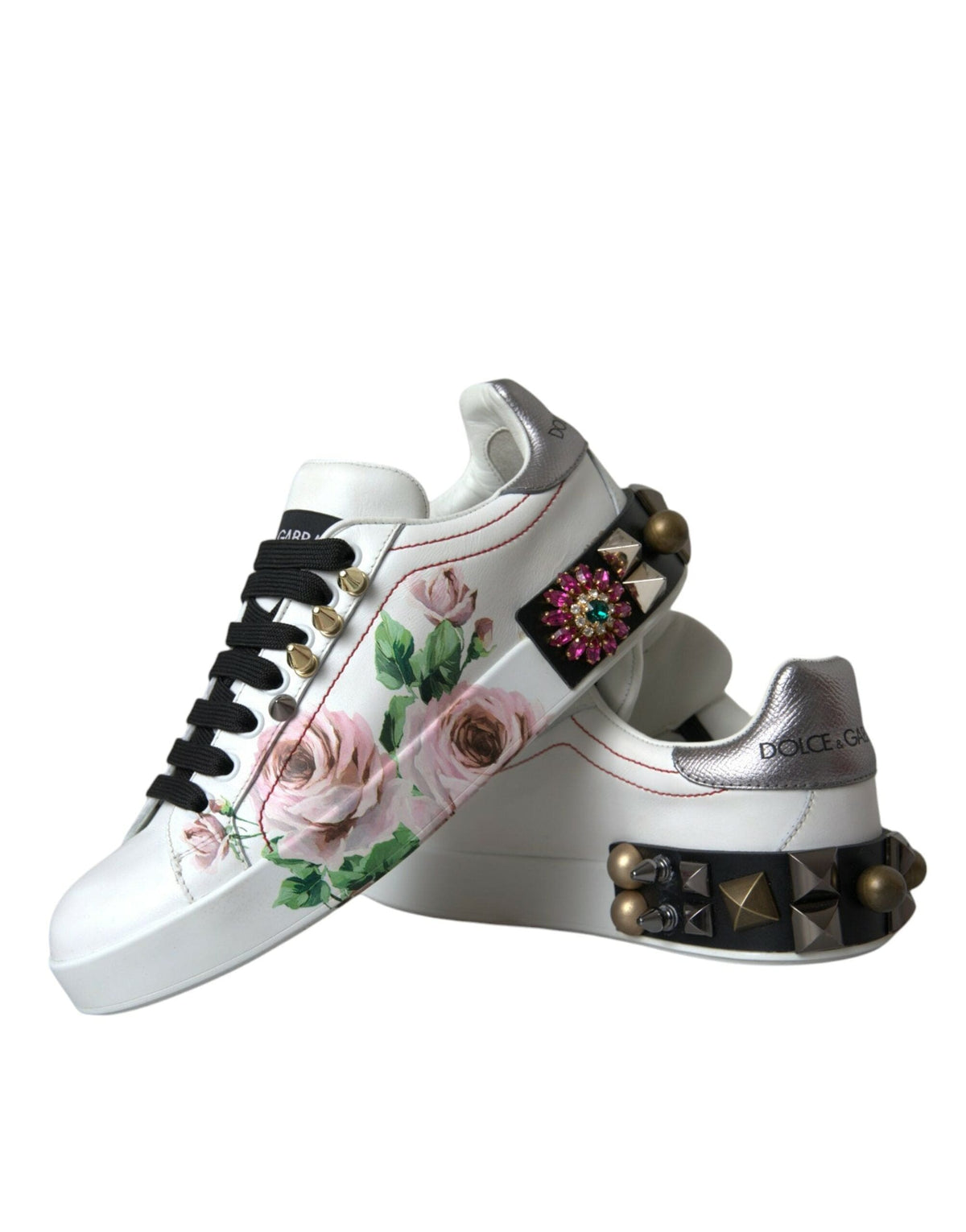 Baskets Dolce &amp; Gabbana en cuir blanc avec cristaux et fleurs roses