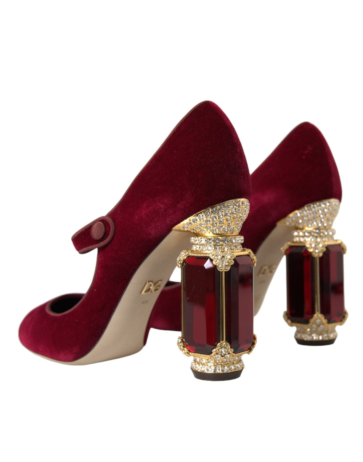 Chaussures Mary Jane à talons en velours rouge et cristaux dorés Dolce &amp; Gabbana