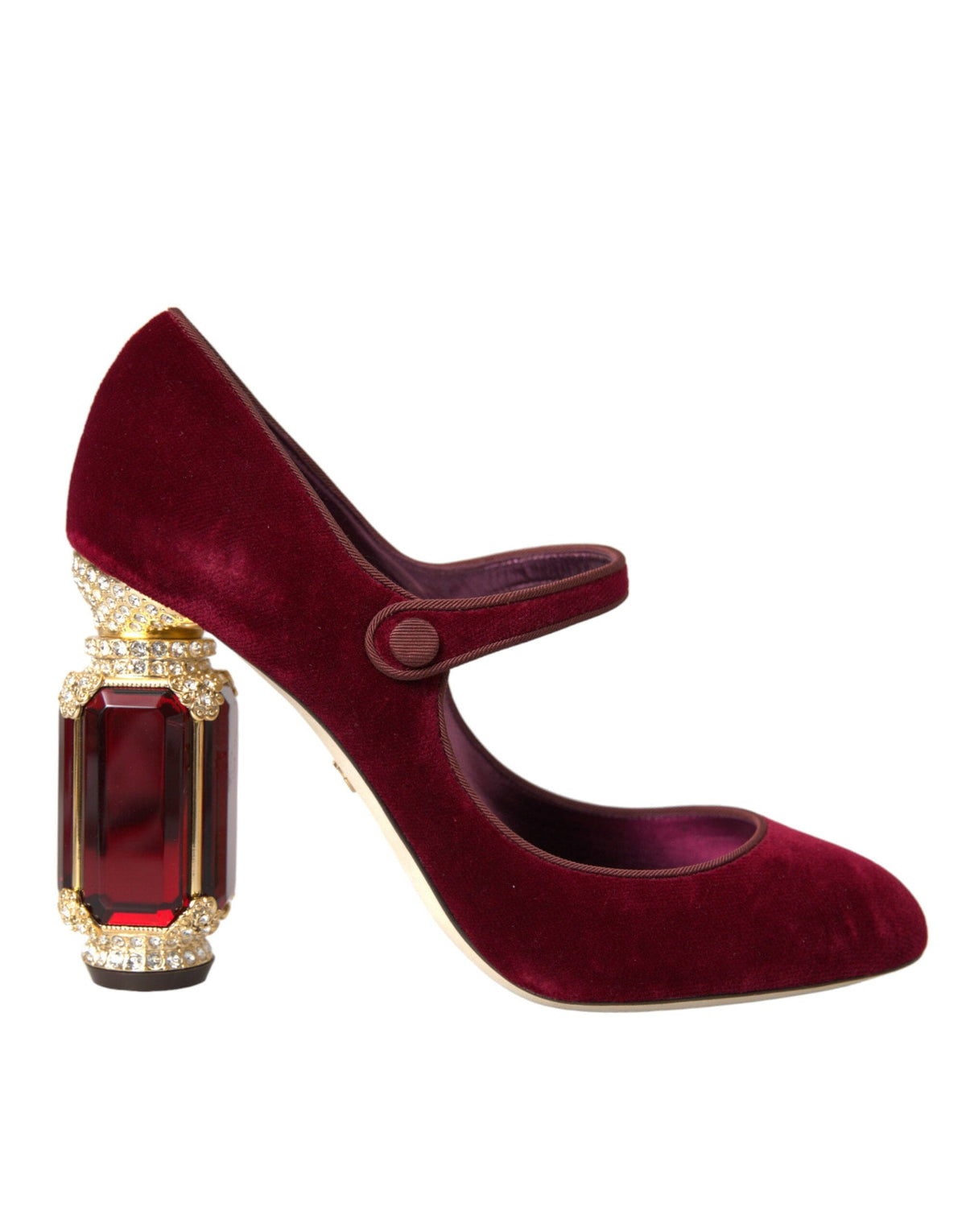 Chaussures Mary Jane à talons en velours rouge et cristaux dorés Dolce &amp; Gabbana