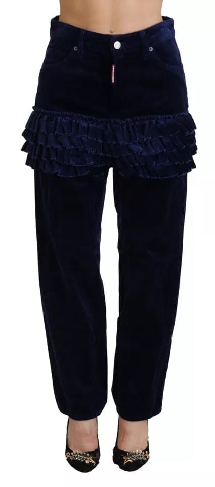 Pantalon taille haute en denim de coton bleu à volants Dsquared² Boston Fit