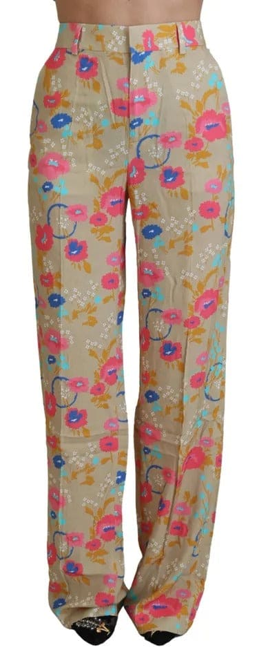 Pantalones rectos de cintura alta con estampado floral en beige de Dsquared²