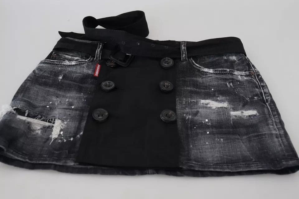 Mini-jupe trapèze taille mi-haute en denim noir vieilli Dsquared²