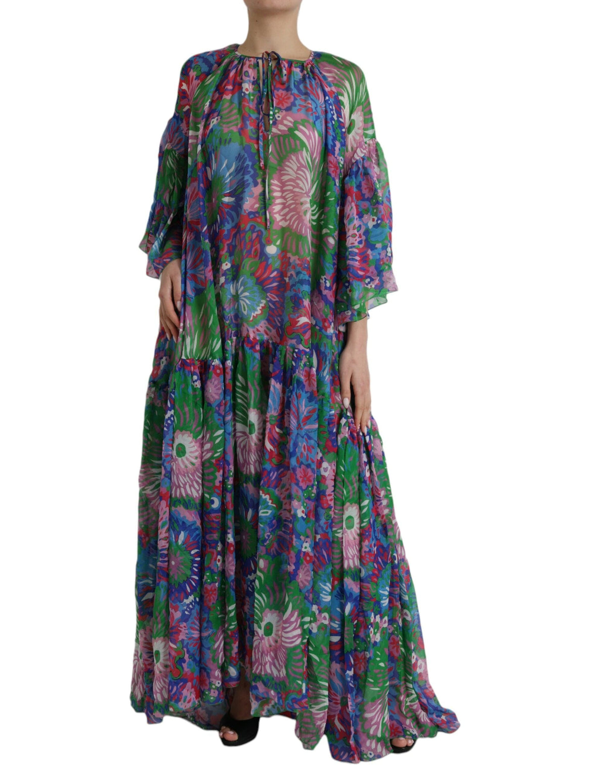 Robe longue caftan en soie à fleurs multicolores Dolce &amp; Gabbana