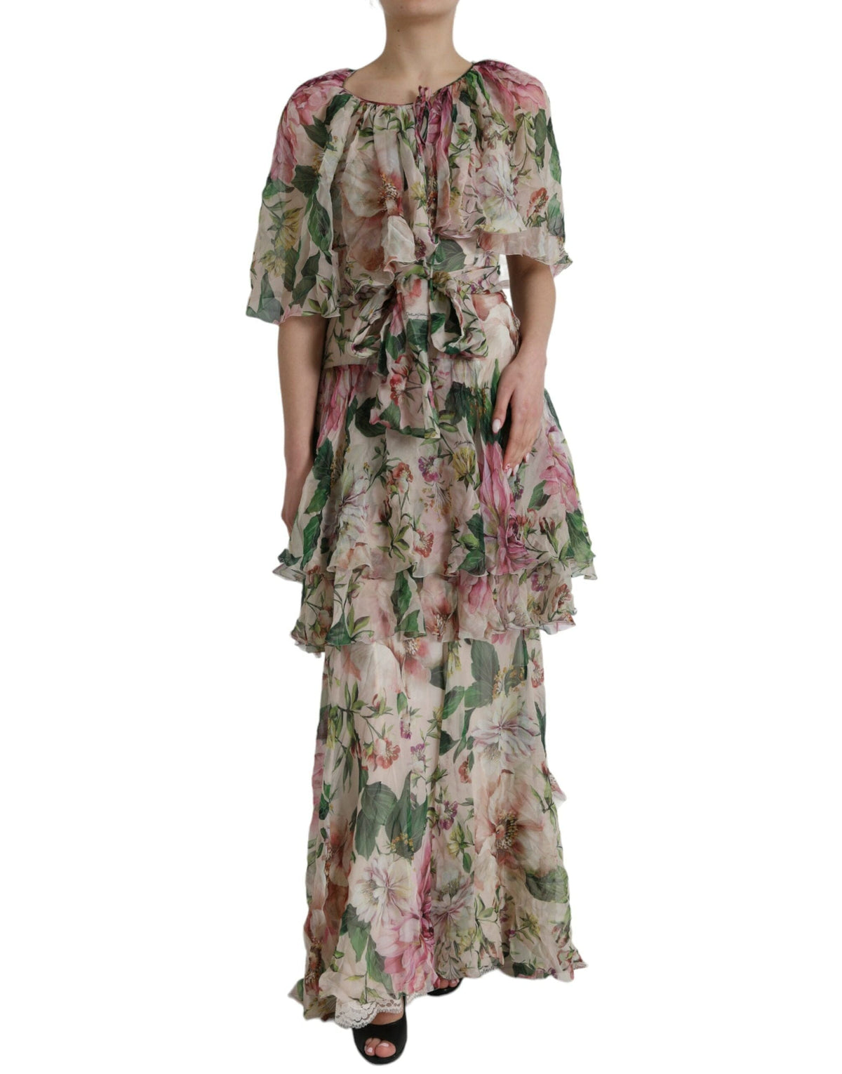 Robe longue à volants en soie fleurie multicolore Dolce &amp; Gabbana