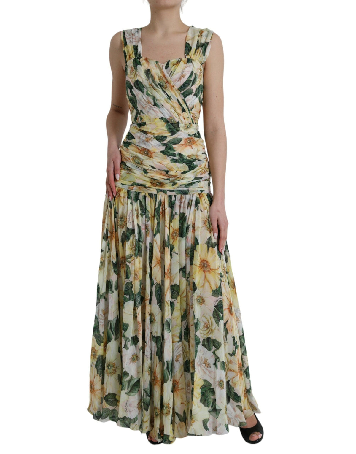 Robe longue plissée en soie à imprimé floral jaune Dolce &amp; Gabbana