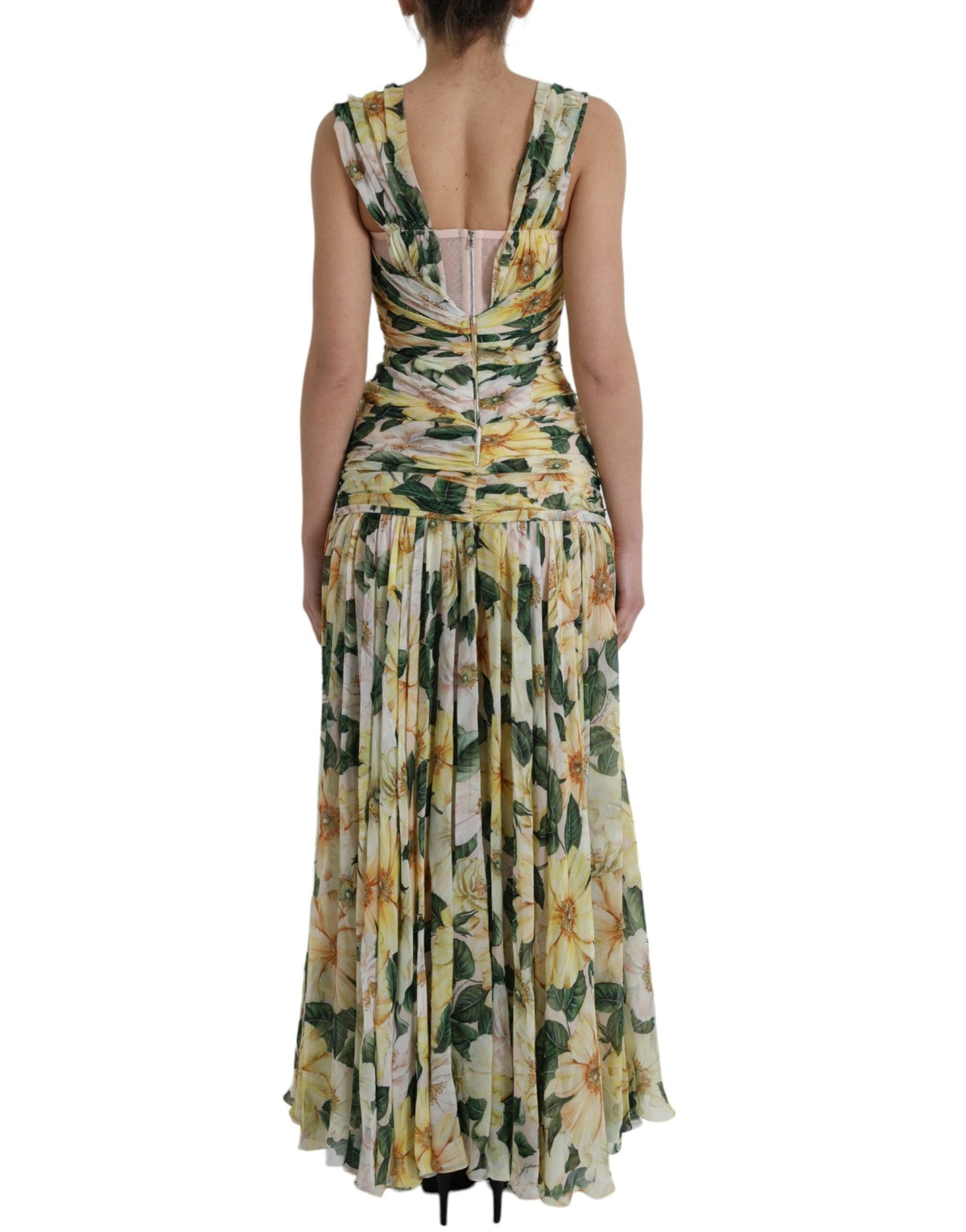 Robe longue plissée en soie à imprimé floral jaune Dolce &amp; Gabbana