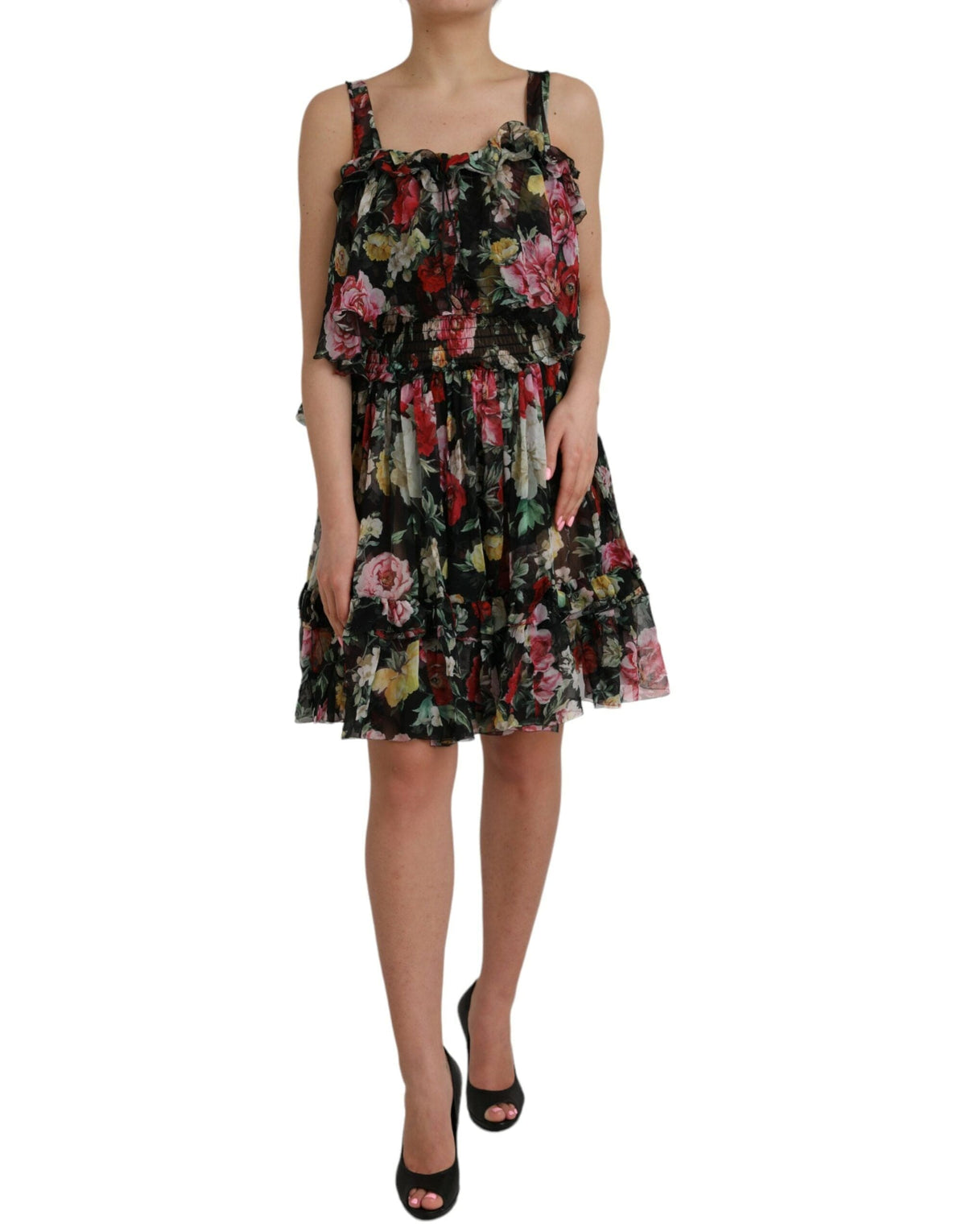 Robe trapèze sans manches en soie noire à fleurs Dolce &amp; Gabbana