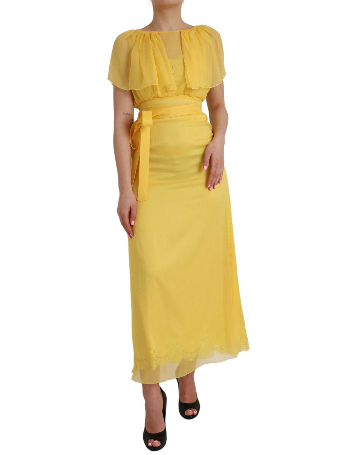 Robe longue fourreau en soie jaune Dolce &amp; Gabbana avec ceinture