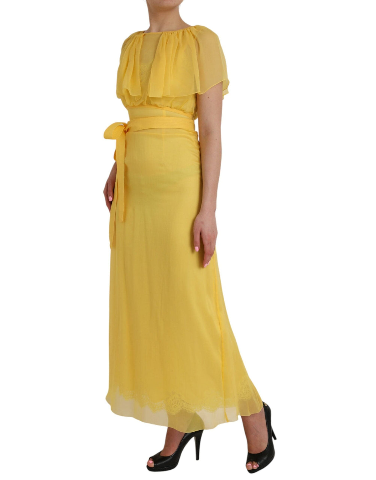 Robe longue fourreau en soie jaune Dolce &amp; Gabbana avec ceinture