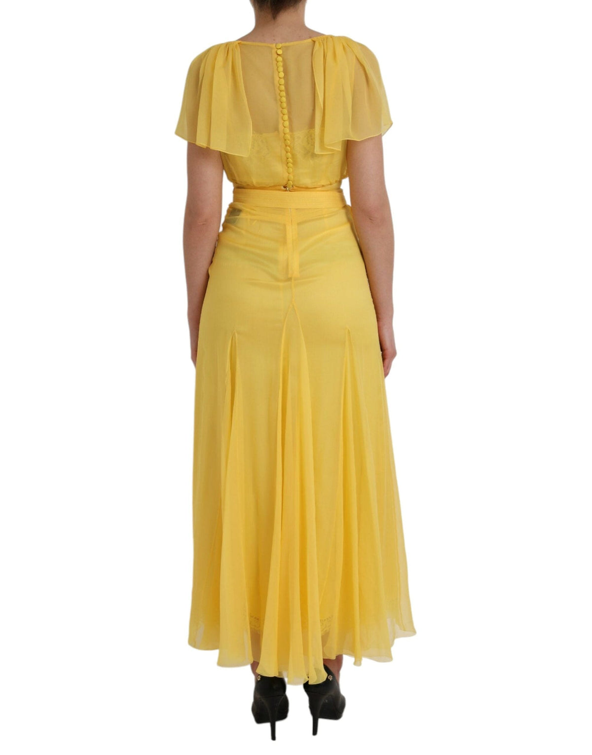 Robe longue fourreau en soie jaune Dolce &amp; Gabbana avec ceinture