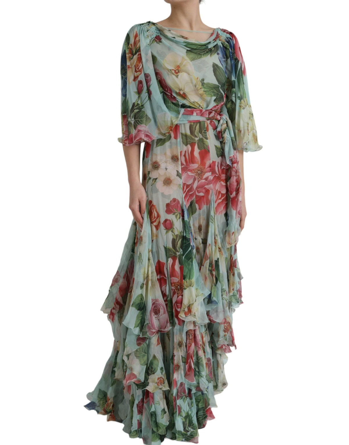 Robe longue à volants et imprimé floral bleu Dolce &amp; Gabbana