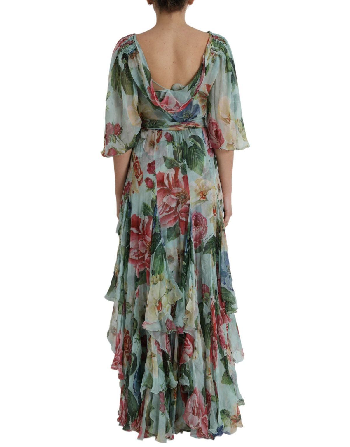 Robe longue à volants et imprimé floral bleu Dolce &amp; Gabbana