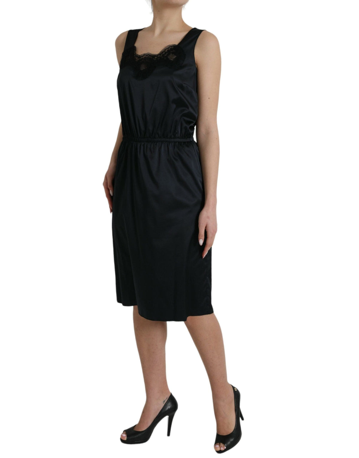 Robe mi-longue fourreau en dentelle de polyester noire Dolce &amp; Gabbana