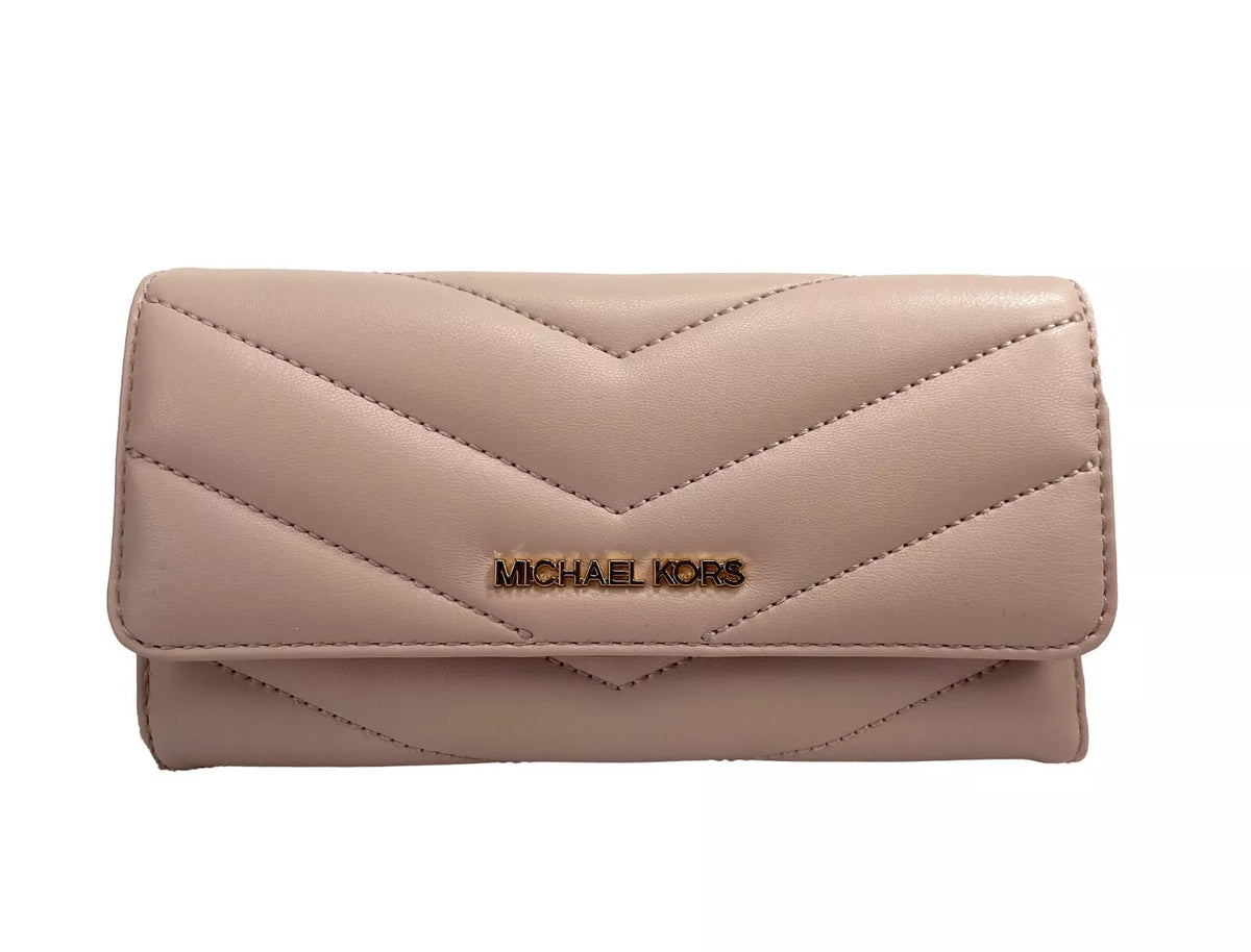 Portefeuille à trois volets en cuir matelassé Jet Set Travel de Michael Kors Powder Blush