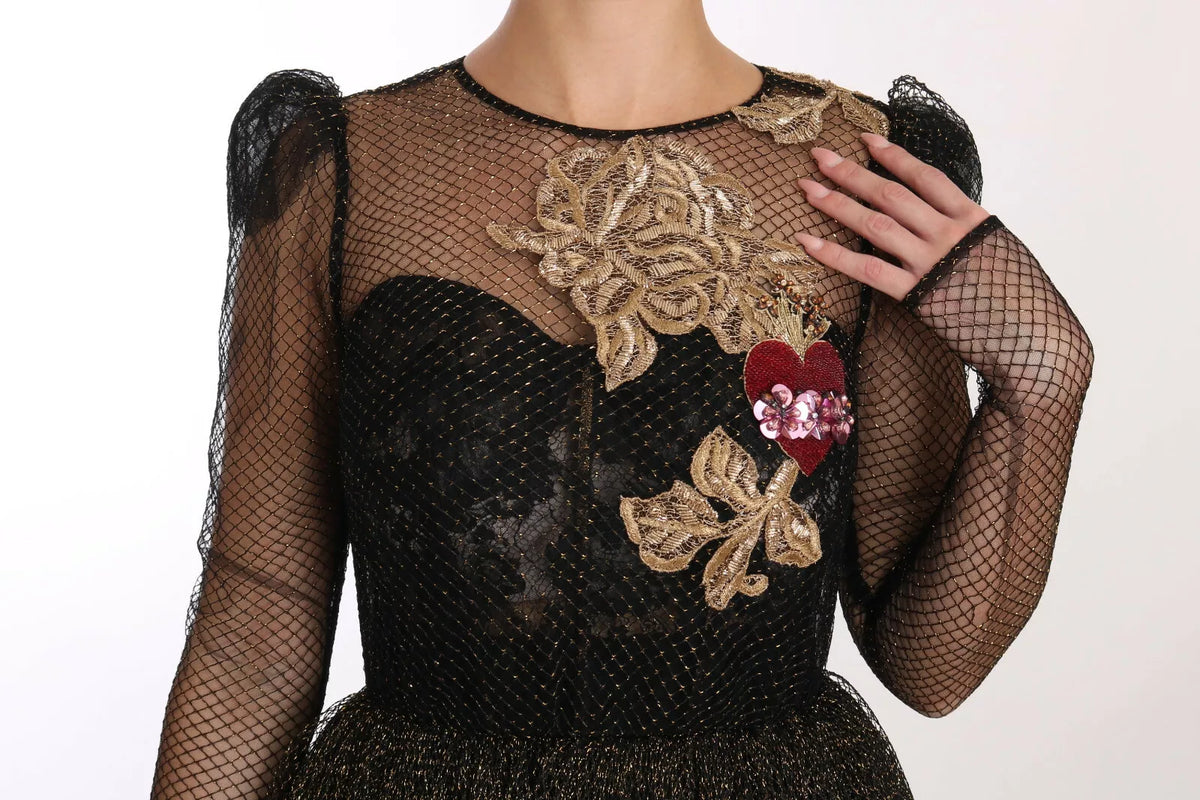 Vestido acampanado con corazón de cristal en dorado y negro de Dolce &amp; Gabbana