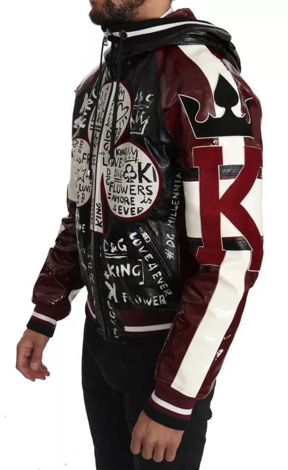 Chaqueta de cuero con capucha DG King of Love en color burdeos y negro de Dolce &amp; Gabbana