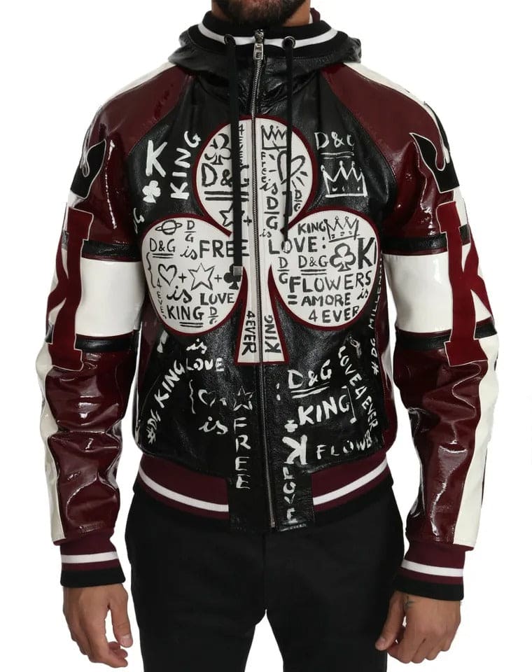 Veste à capuche en cuir noir bordeaux Dolce &amp; Gabbana DG King of Love