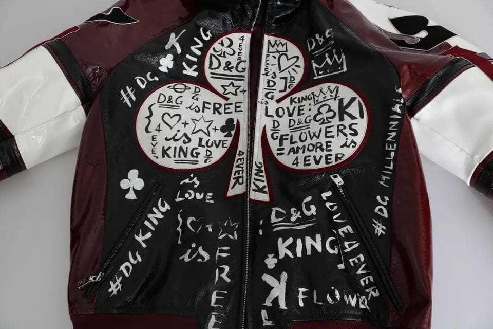 Veste à capuche en cuir noir bordeaux Dolce &amp; Gabbana DG King of Love