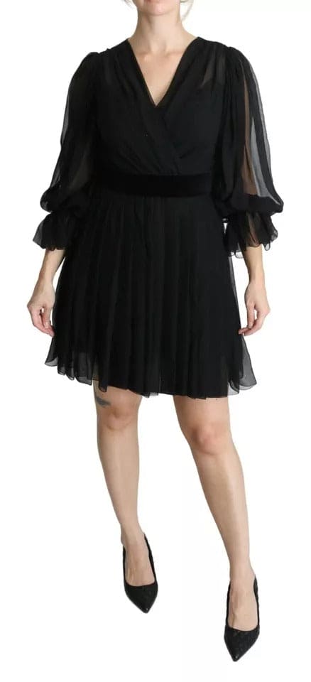 Robe courte plissée en soie mélangée noire Dolce &amp; Gabbana