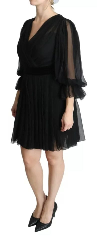 Robe courte plissée en soie mélangée noire Dolce &amp; Gabbana