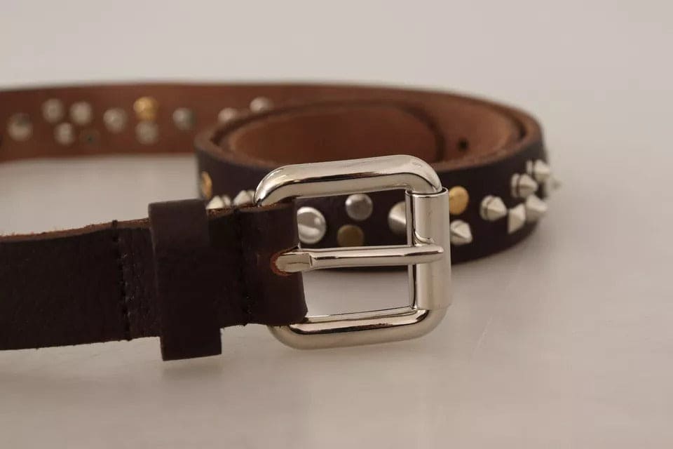 Ceinture en cuir marron avec boucle en métal argenté cloutée Dolce &amp; Gabbana