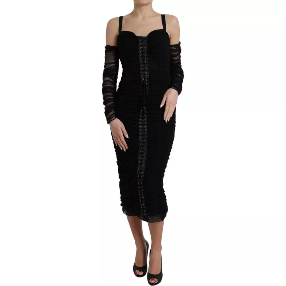 Robe mi-longue en tulle extensible noire à épaules dénudées Dolce &amp; Gabbana