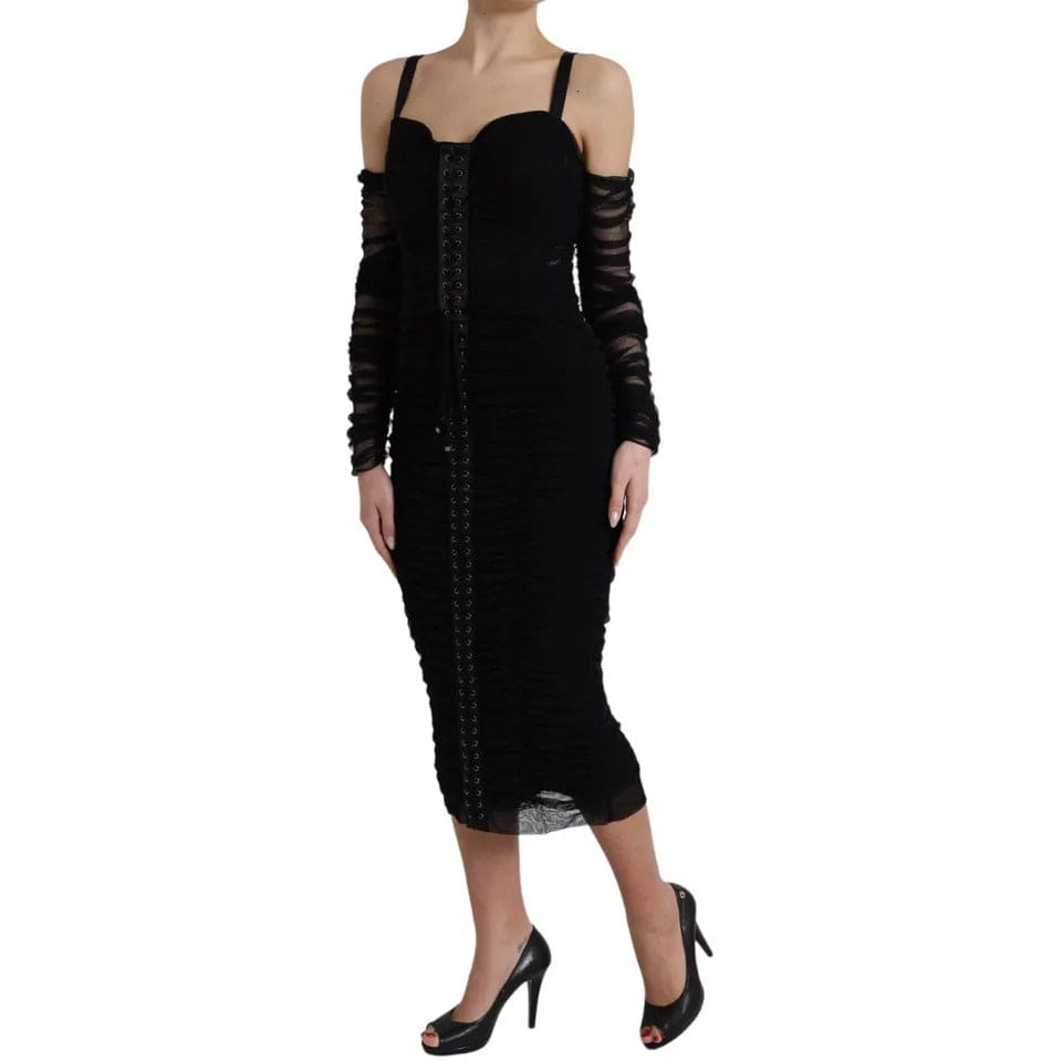 Robe mi-longue en tulle extensible noire à épaules dénudées Dolce &amp; Gabbana