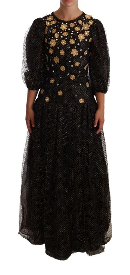 Robe longue de bal noire à fleurs et cristaux Dolce &amp; Gabbana