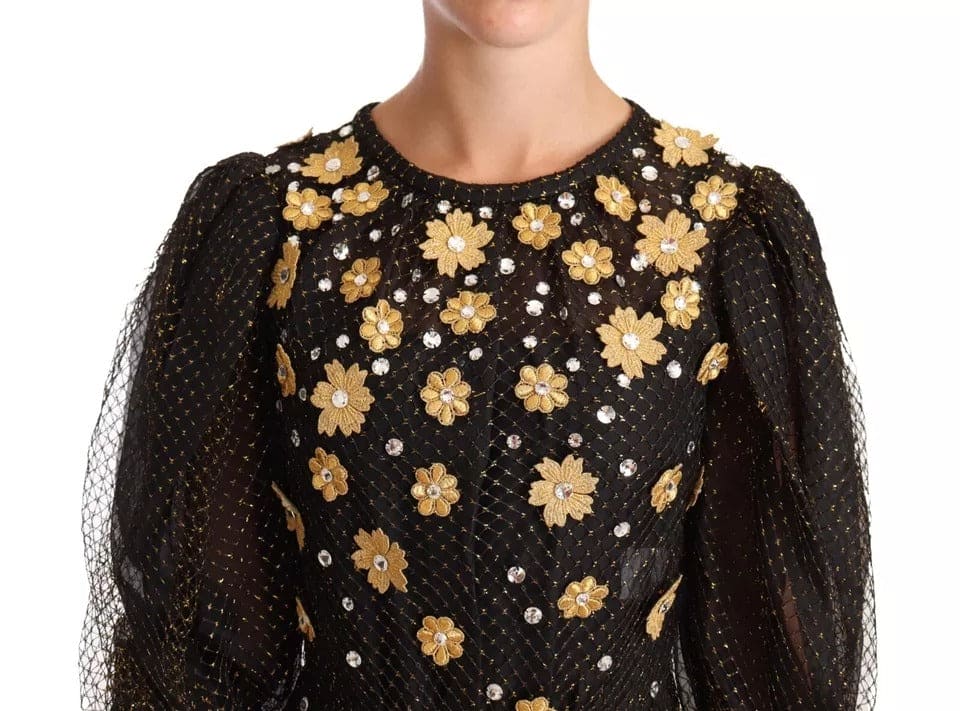 Robe longue de bal noire à fleurs et cristaux Dolce &amp; Gabbana