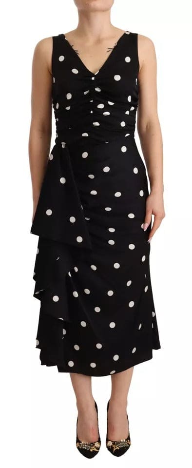 Robe mi-longue fourreau à pois en soie noire Dolce &amp; Gabbana