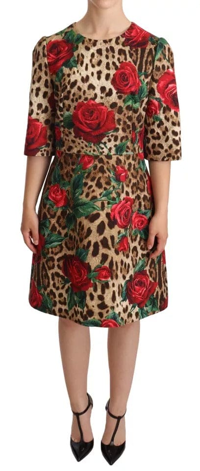 Robe trapèze en coton à imprimé léopard marron et roses rouges Dolce &amp; Gabbana