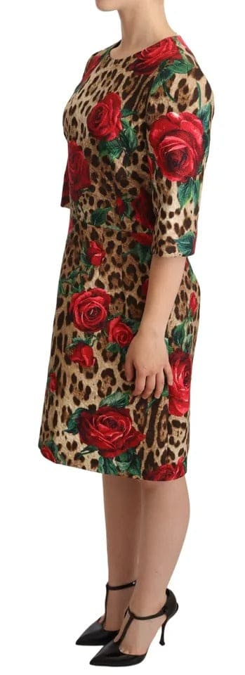 Vestido de algodón con estampado de leopardo y rosas rojas de Dolce &amp; Gabbana en forma de A