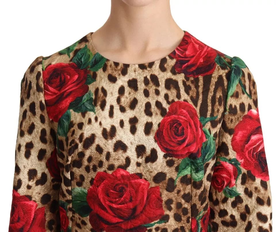 Vestido de algodón con estampado de leopardo y rosas rojas de Dolce &amp; Gabbana en forma de A