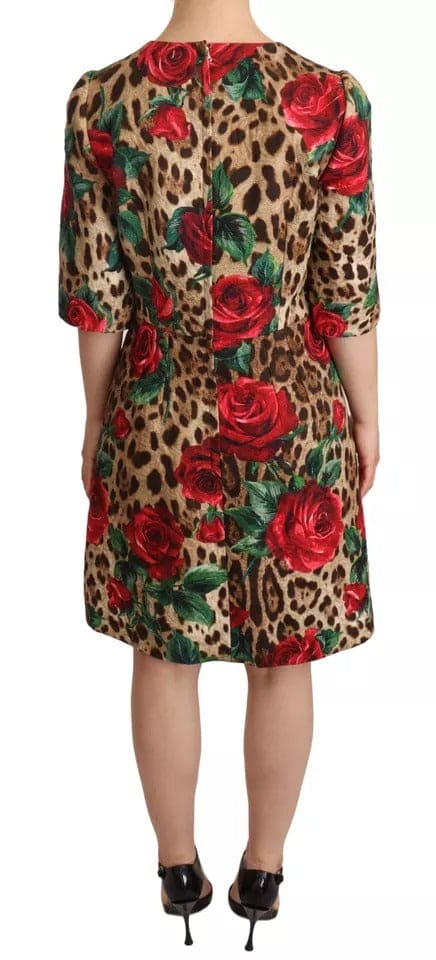 Vestido de algodón con estampado de leopardo y rosas rojas de Dolce &amp; Gabbana en forma de A