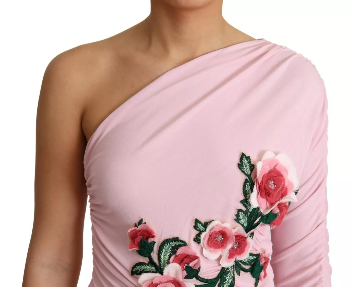 Vestido de un hombro adornado con flores rosas de Dolce &amp; Gabbana